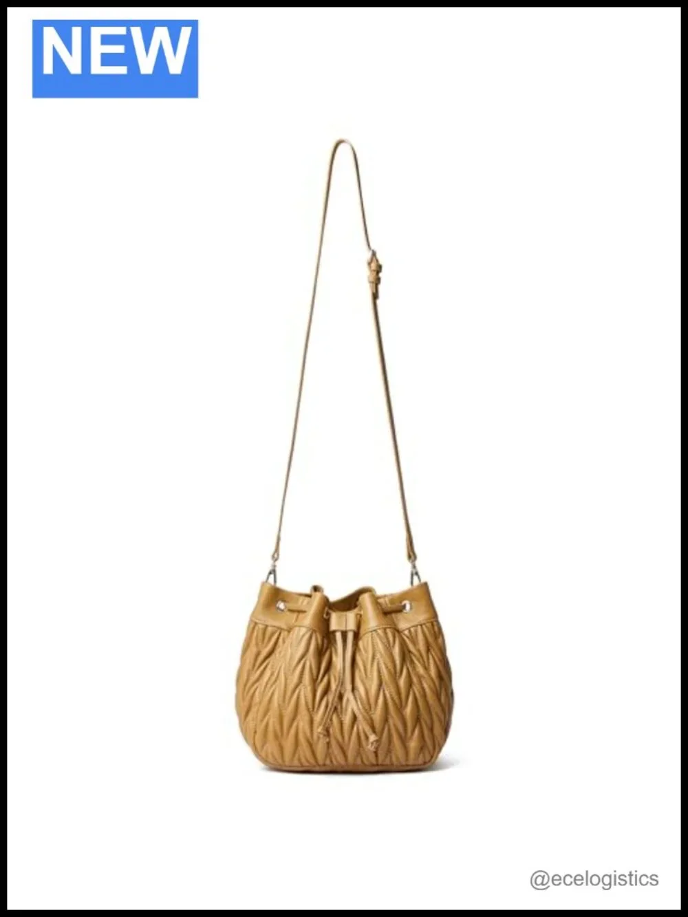 Lambskin Leather Quilted Drawstring Bucket Purse Shoulder Handbag Two Straps